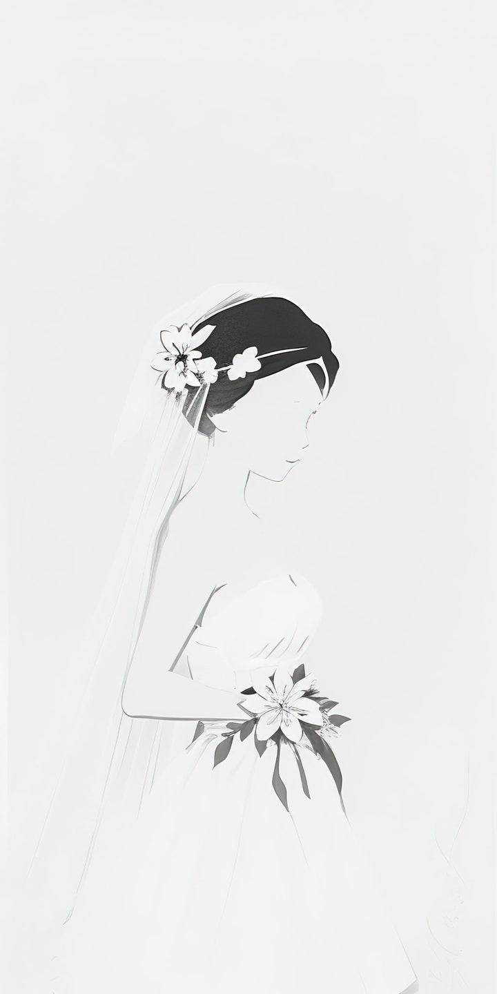 Wadi Home minimalist line art of a bride in a wedding dress holding flowers and wearing a veil.