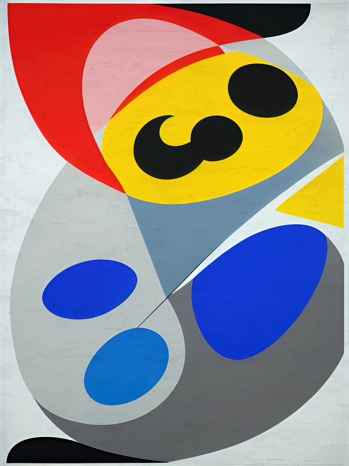 Wadi Home abstract geometric wall art with red, yellow, blue, gray, and black shapes. Modern art for living room.