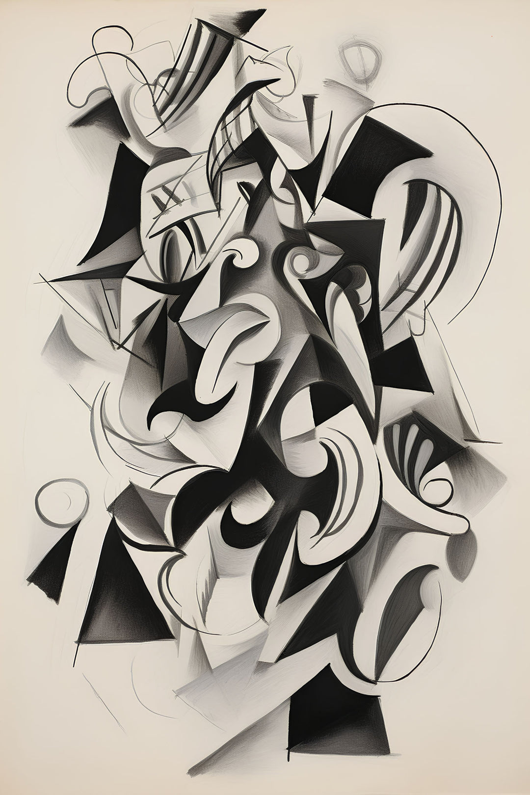 Wadi Home abstract geometric wall art in black and white, featuring dynamic shapes and bold lines, perfect for modern interiors.