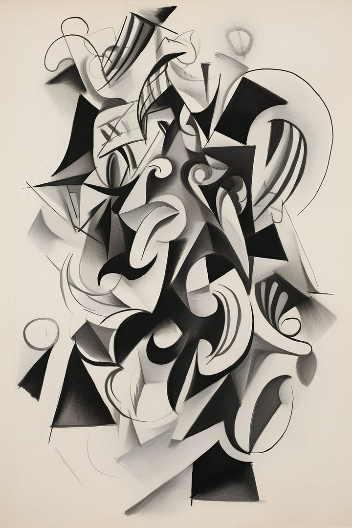 Wadi Home abstract geometric wall art in black and white, featuring dynamic shapes and bold lines, perfect for modern interiors.