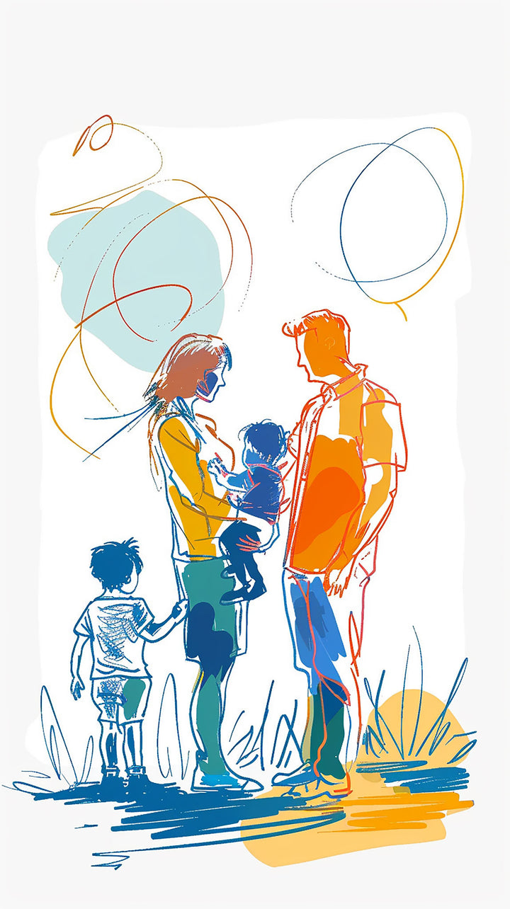 Wadi Home abstract family portrait wall art with orange, blue, and yellow abstract lines and figures of parents holding children.