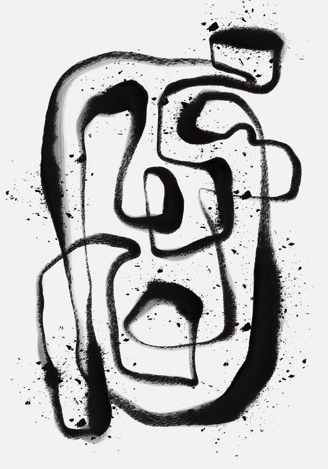 Wadi Home abstract line art canvas print with bold black brushstrokes and spray paint splatters on white background.
