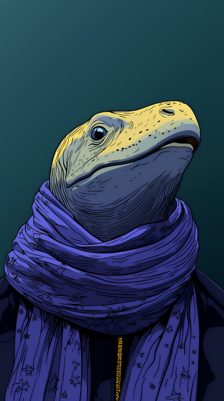 Wadi Home Dapper lizard wearing a purple scarf and jacket, against a dark teal background. Quirky wall art.