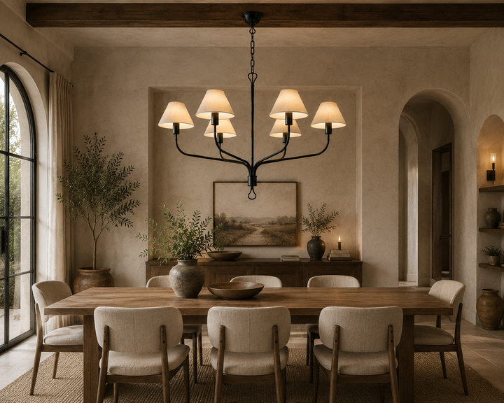 Traditional Gold & Black 6-Light Chandelier with Cream Fabric Shades