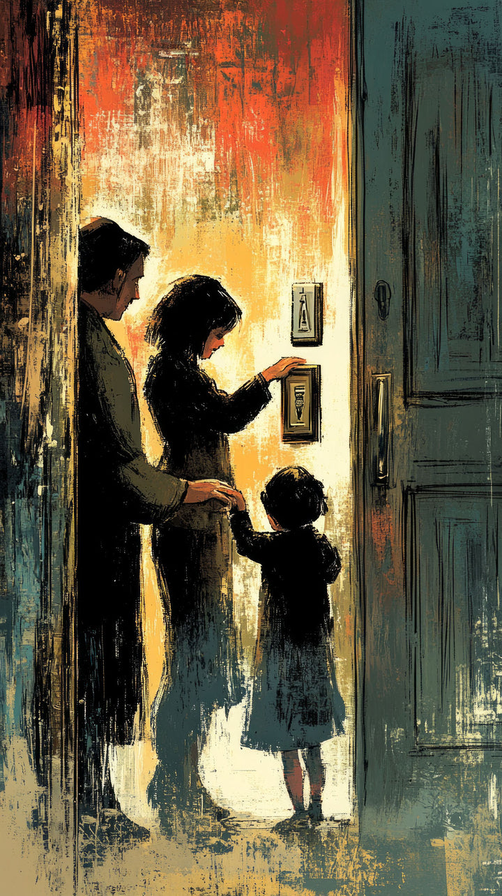 Wadi Home canvas print of a silhouetted family at a doorway, with warm abstract light and textured brushstrokes in orange, blue, and yellow.