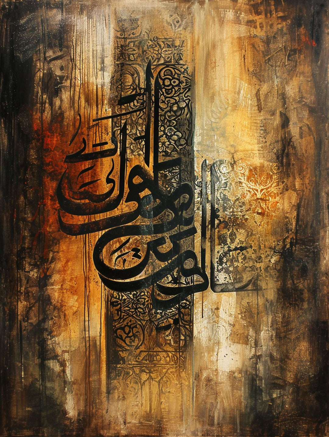 Wadi Home abstract Islamic calligraphy wall art in warm earth tones with black Arabic script on a textured background.