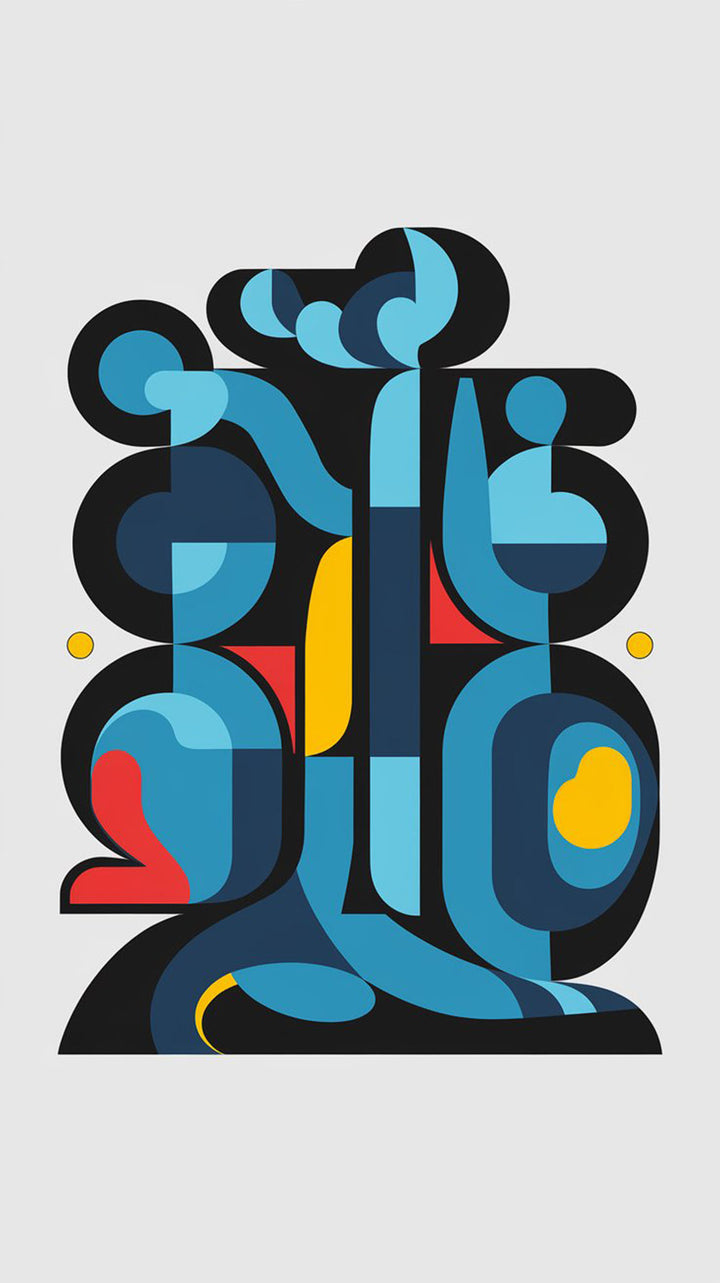Wadi Home abstract geometric wall art with blue, red, and yellow shapes. Modern mid-century style.