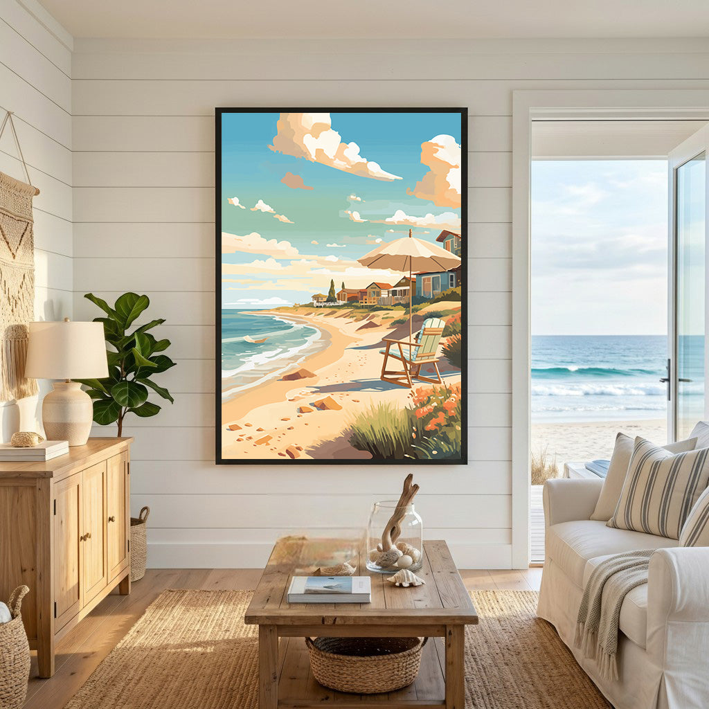 Wadi Home coastal beach scene artwork with umbrella, chair, and houses. Serene shoreline, blue sky, sandy beach.