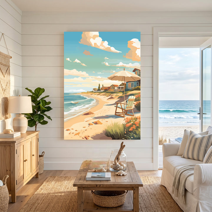 Wadi Home coastal beach scene artwork with umbrella and chair on sandy shore, blue ocean and sky.