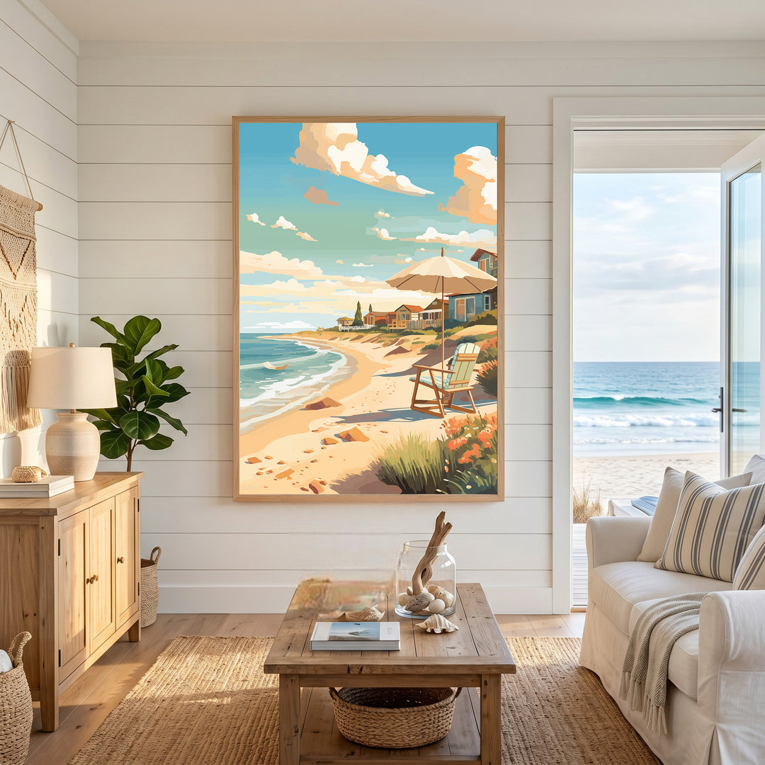 Wadi Home coastal beach scene artwork with umbrella, chair, and ocean view. Serene seaside escape art.