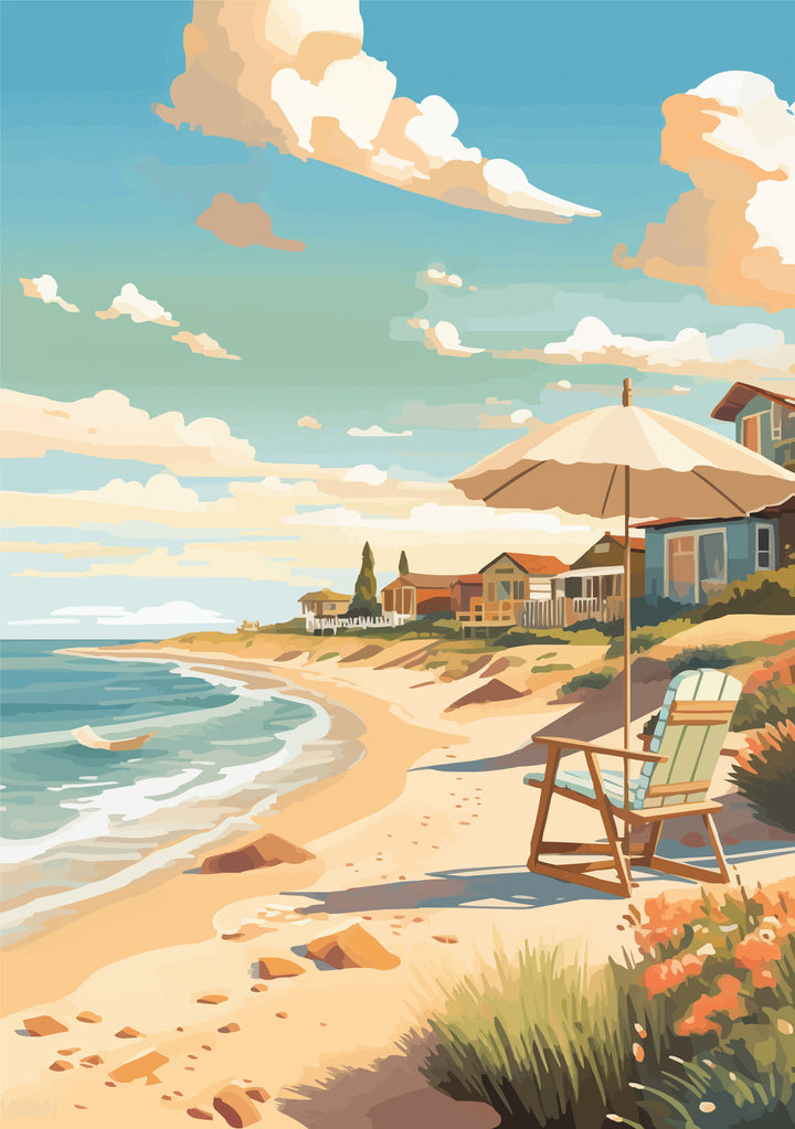 Wadi Home coastal beach scene artwork with umbrella and chair on sandy shore, blue ocean and sky.