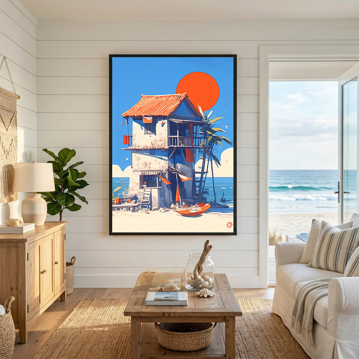 Wadi Home coastal beach house artwork with orange sun, blue sky, ocean, sand, and kayak.
