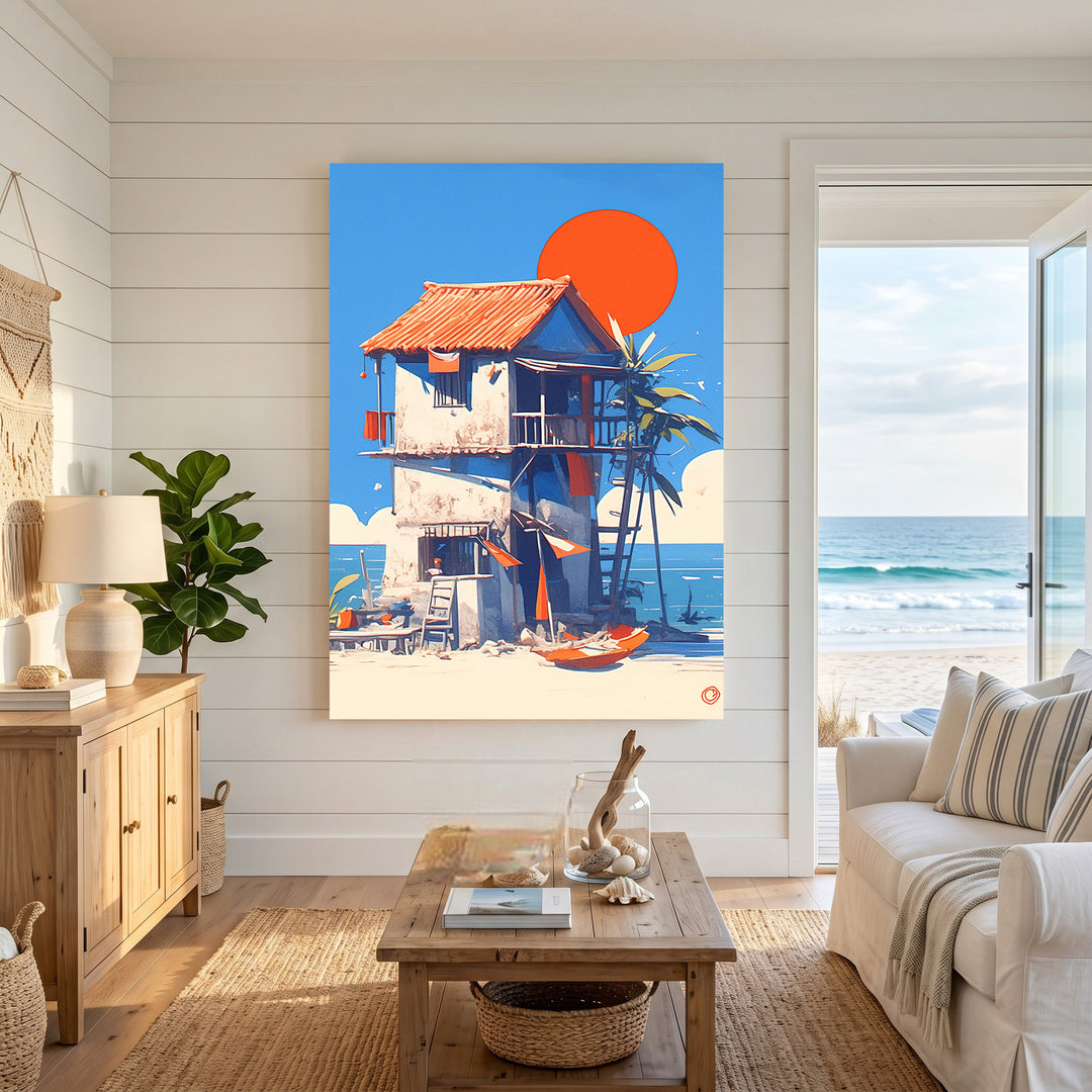 Wadi Home artwork of a multi-story beach house with a terracotta roof, kayak on sand, and bright orange sun.