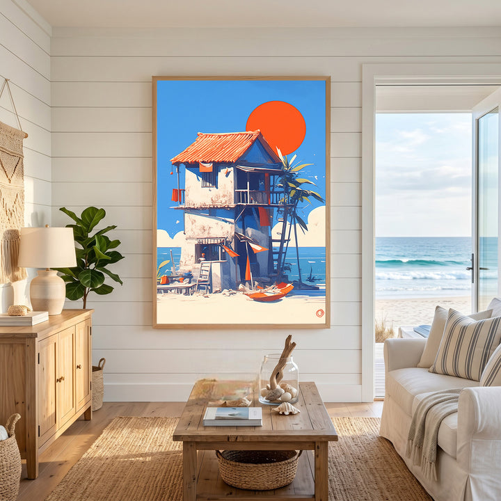 Wadi Home artwork of a two-story beach house with an orange roof, kayak on sand, blue sky, and ocean.