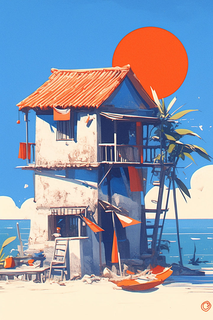 Wadi Home artwork of a multi-story beach house with a terracotta roof, kayak on sand, and bright orange sun.