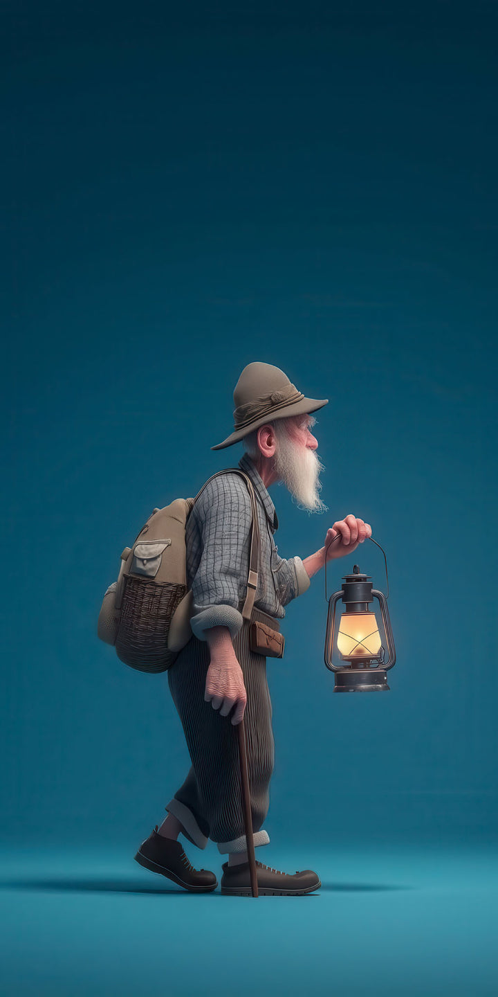 Wadi Home wall art of a cartoon old man with a backpack and lantern, wearing a hat and plaid shirt.
