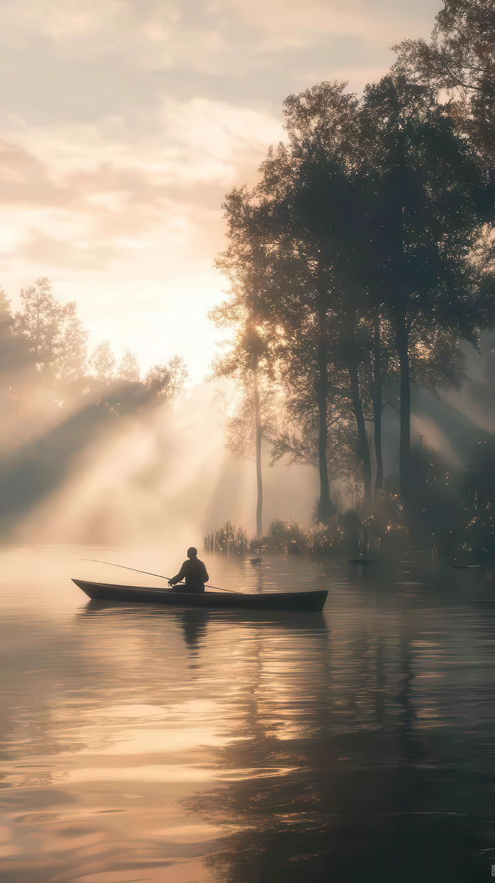 Wadi Home Serene Sunrise Fishing Boat Wall Art, lone angler in canoe at dawn with golden light and mist.