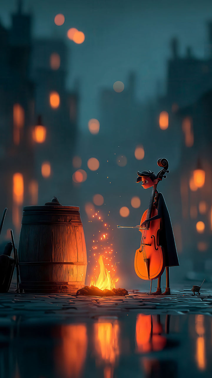 Wadi Home artwork of a cellist playing by a fire in a bokeh-lit city street at night. Warm firelight reflects on wet pavement.