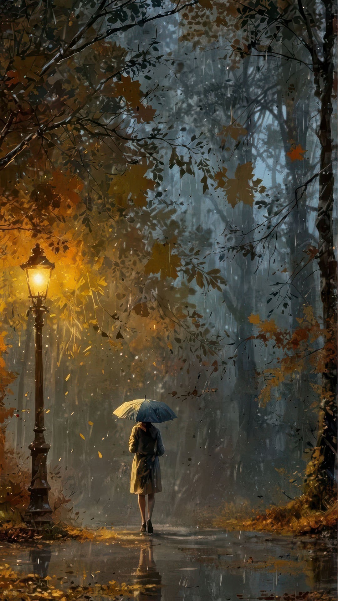 Wadi Home autumn rain walk under lamplight wall art. A figure with an umbrella walks down a path in fall foliage, illuminated by a lamppost.
