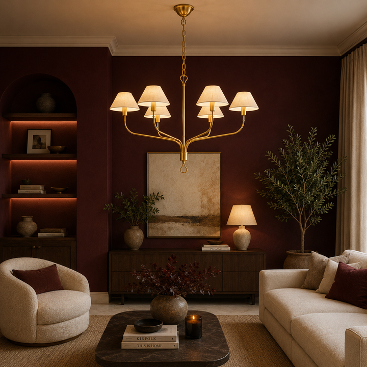 Traditional Gold & Black 6-Light Chandelier with Cream Fabric Shades
