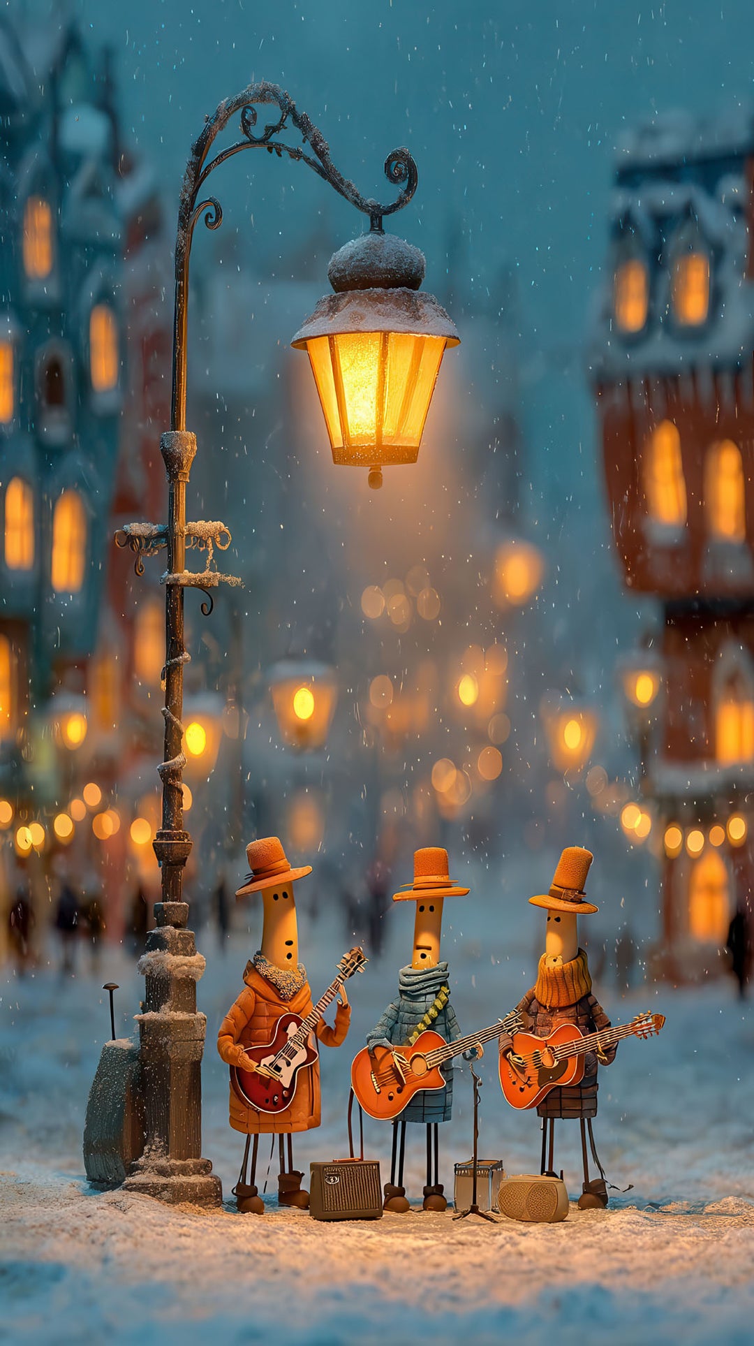 Wadi Home street musicians artwork featuring three whimsical characters playing guitars under a vintage streetlamp in a snowy European town.