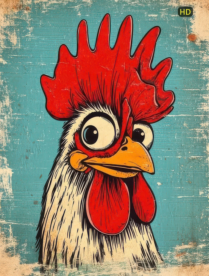 Wadi Home whimsical rooster portrait wall art with red comb and bold eyes on distressed teal background.