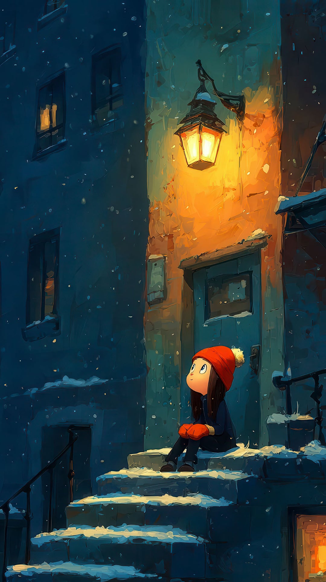 Wadi Home winter evening scene wall art with child in red hat sitting on snow-covered steps, illuminated by a lantern.
