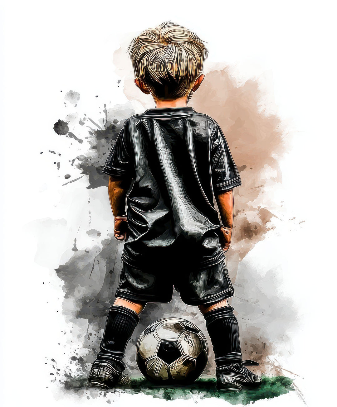 Wadi Home artwork of a young boy in a black soccer uniform with a ball at his feet, watercolor style.