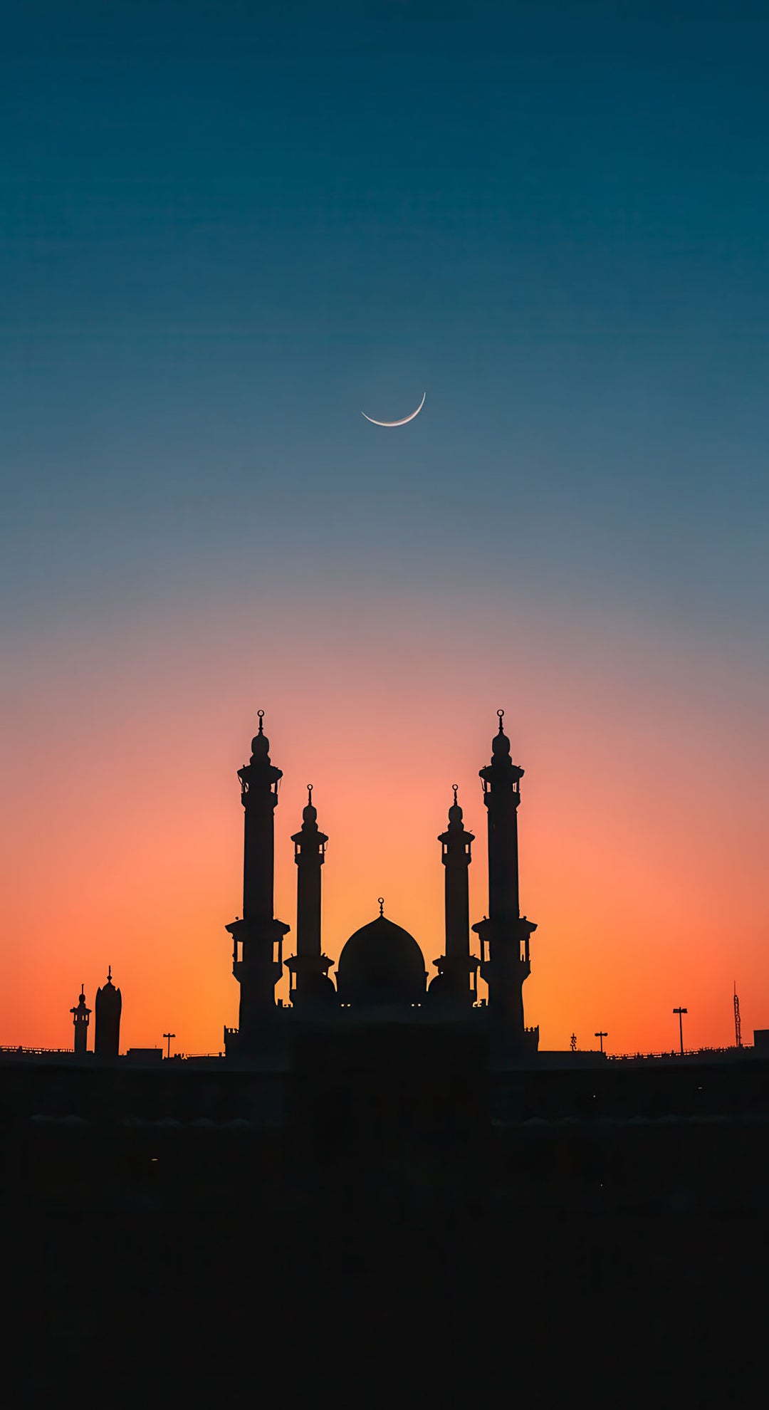 Wadi Home Islamic Mosque Silhouette Wall Art with crescent moon and sunset sky. Majestic Islamic architecture.