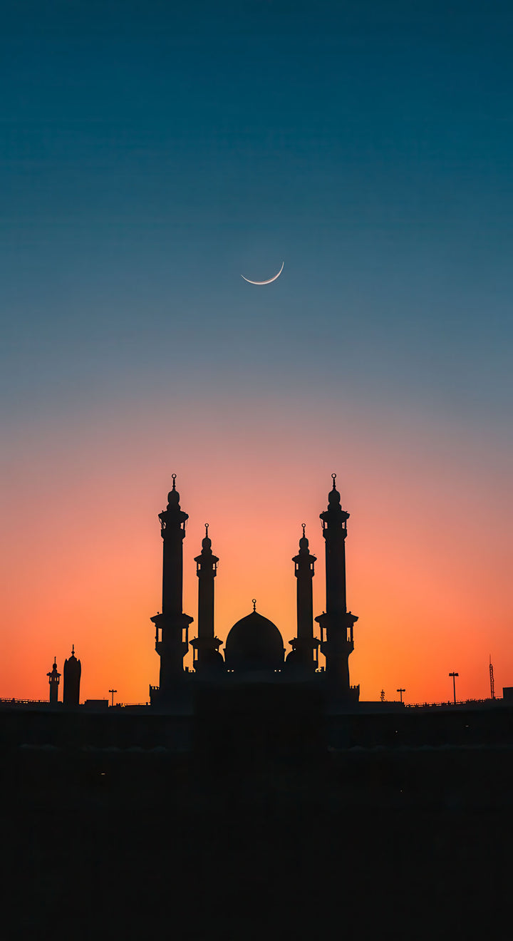 Wadi Home Islamic Mosque Silhouette Wall Art with crescent moon and sunset sky. Majestic Islamic architecture.