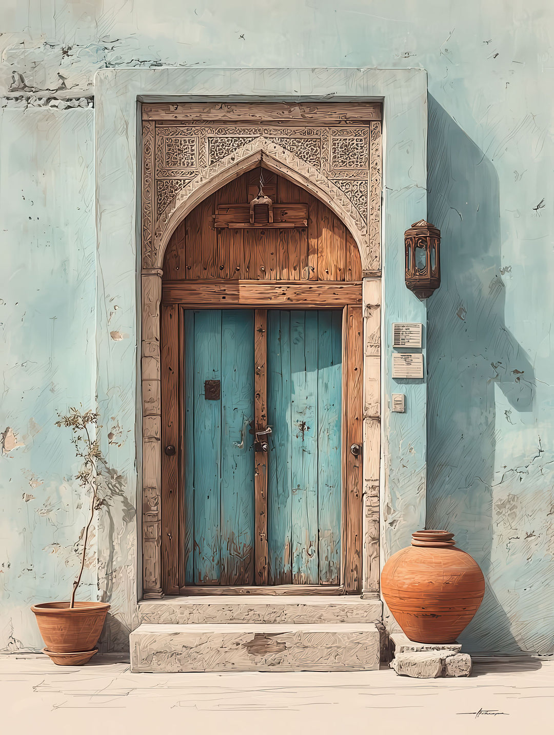 Wadi Home Ornate archway with distressed blue double doors, intricate carvings, and terracotta pots on a textured light blue wall.
