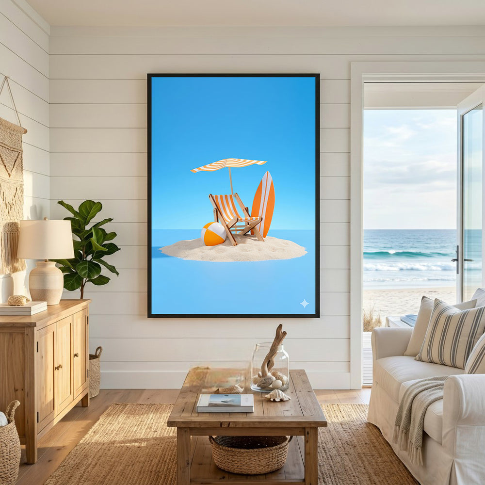 Wadi Home beach chair, umbrella, surfboard, and beach ball on sandy island against blue sky.