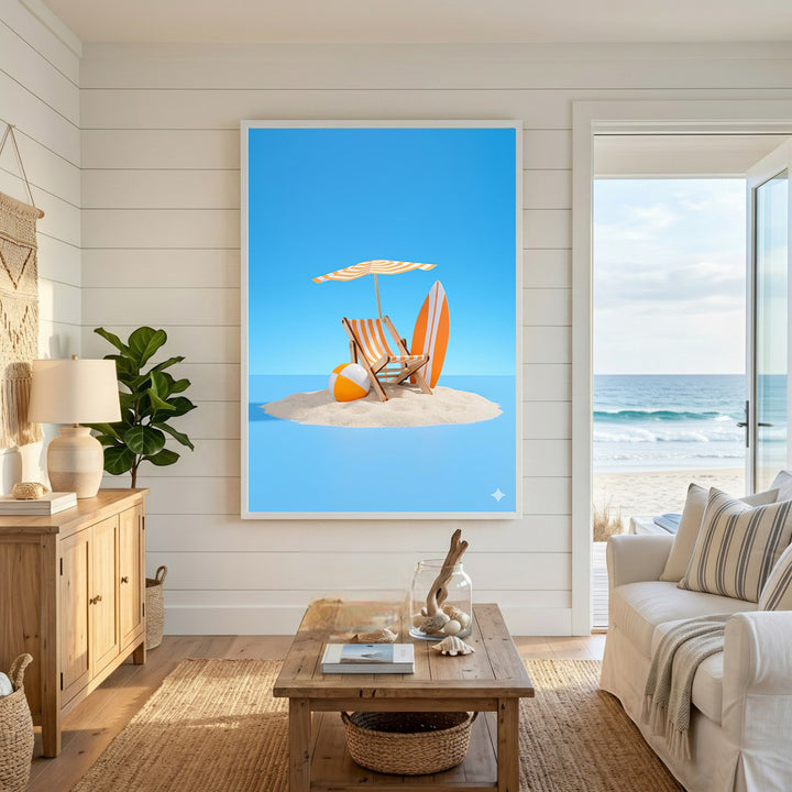 Wadi Home beach day scene wall art with orange striped chair, umbrella, surfboard, and beach ball on sand against blue sky.