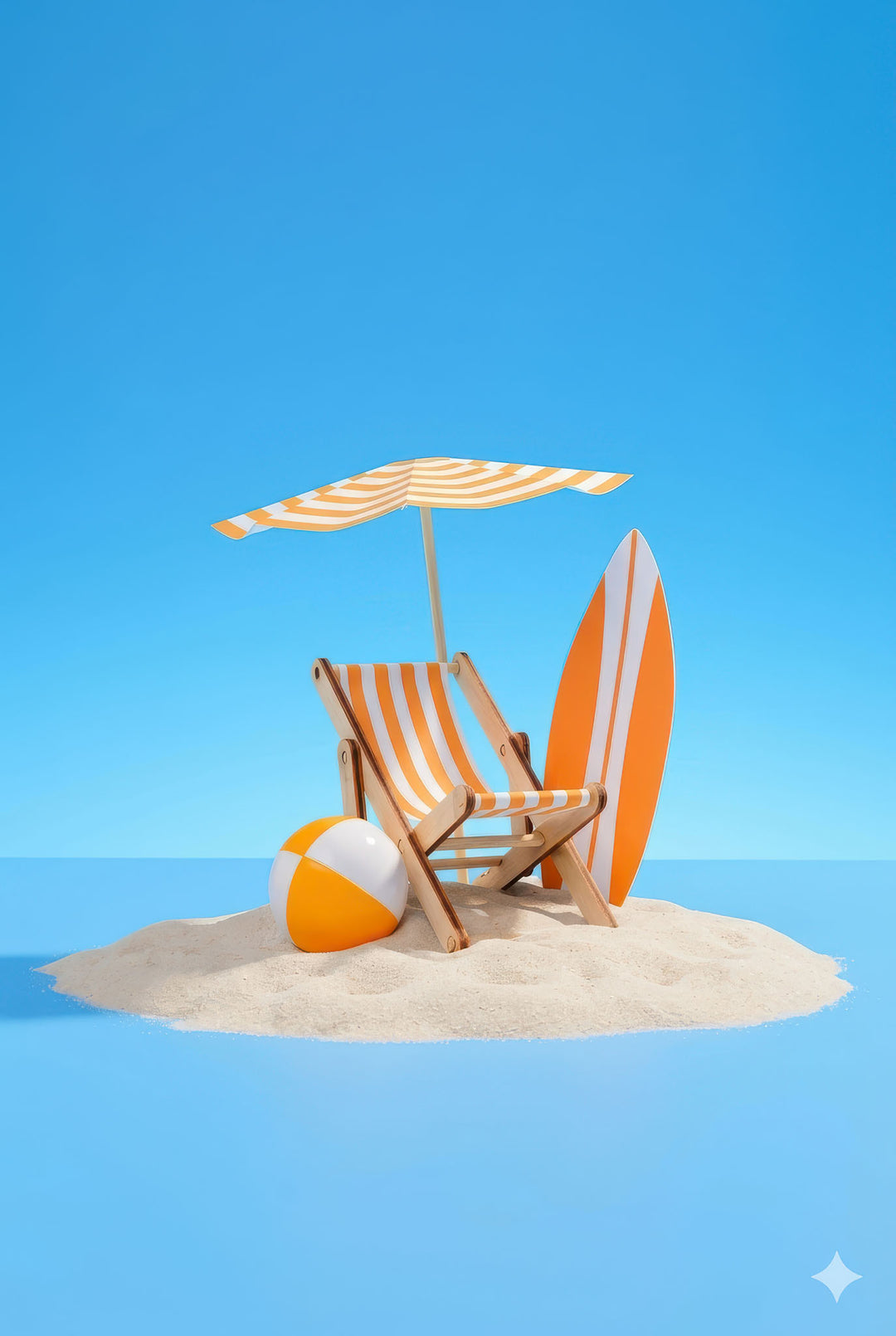 Wadi Home beach chair, umbrella, surfboard, and beach ball on sand against blue sky wall art.