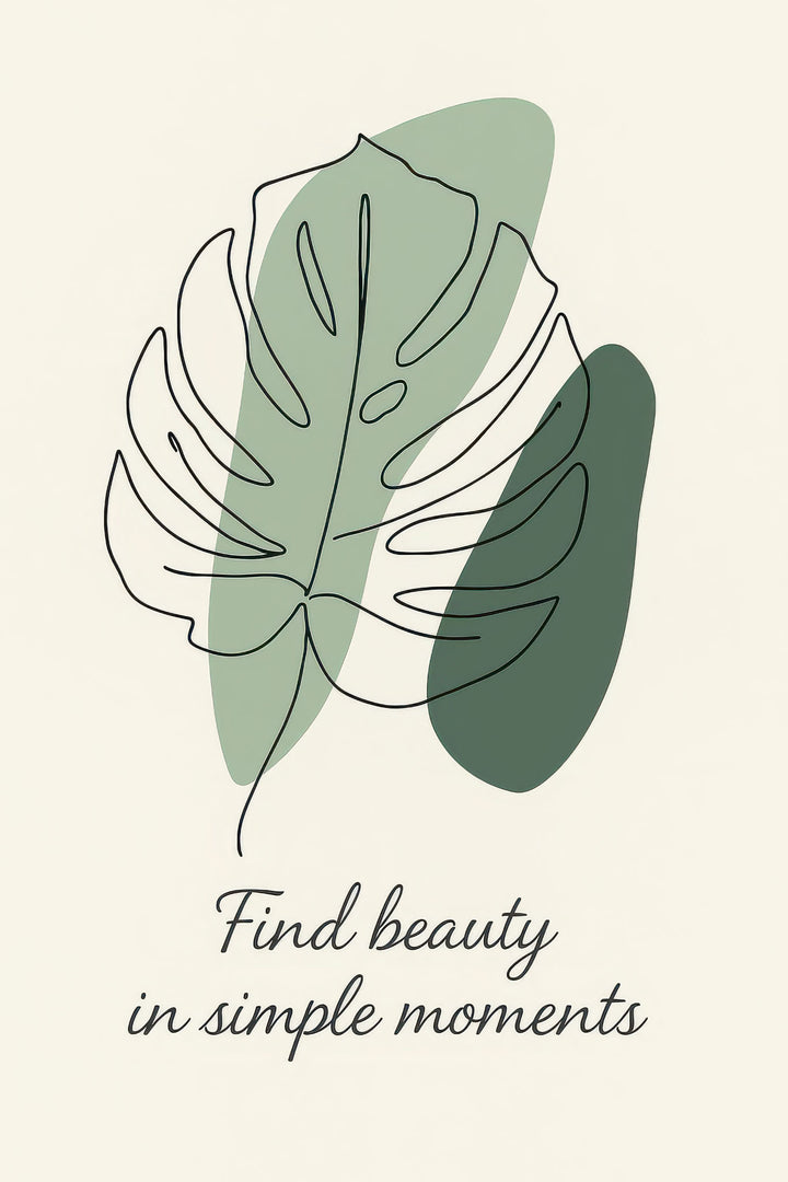 Wadi Home abstract monstera leaf line art with sage green shapes and quote "Find beauty in simple moments" on cream background.