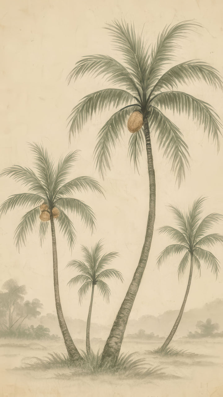Wadi Home vintage-style palm tree landscape wall art in muted green and beige tones, pencil illustration.