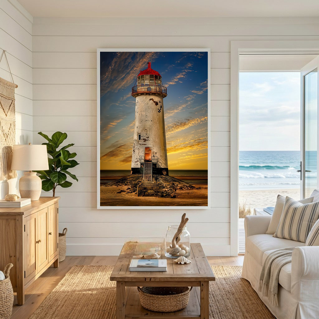 Wadi Home coastal lighthouse wall art with red roof against a vibrant sunset sky over a sandy shore.