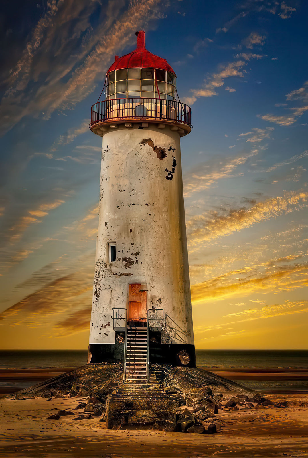 Wadi Home Coastal Lighthouse Sunset Wall Art featuring a white lighthouse with a red roof against a vibrant orange and blue sunset sky.