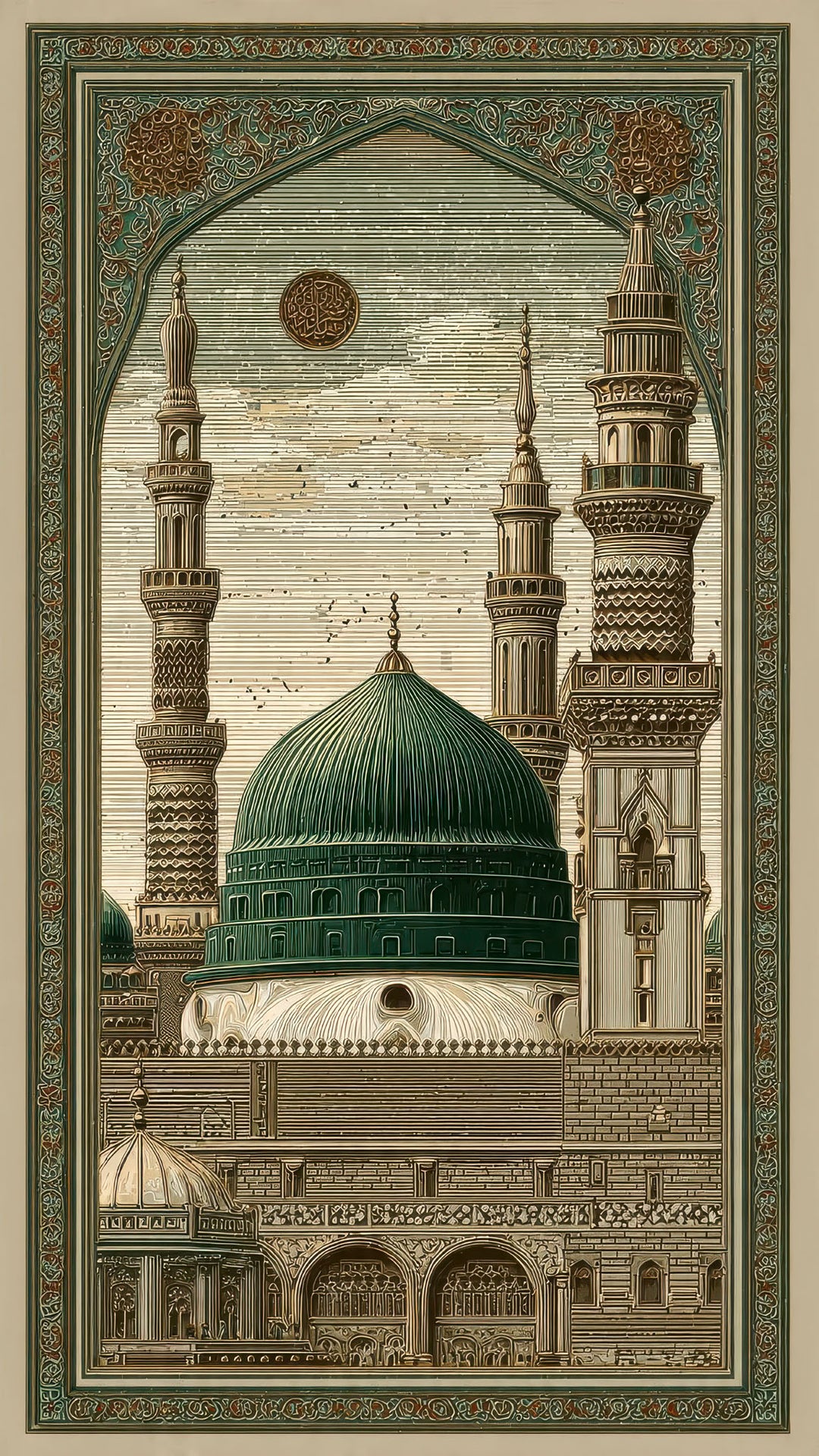 Wadi Home Islamic mosque architectural print with green dome and minarets, detailed vintage style.
