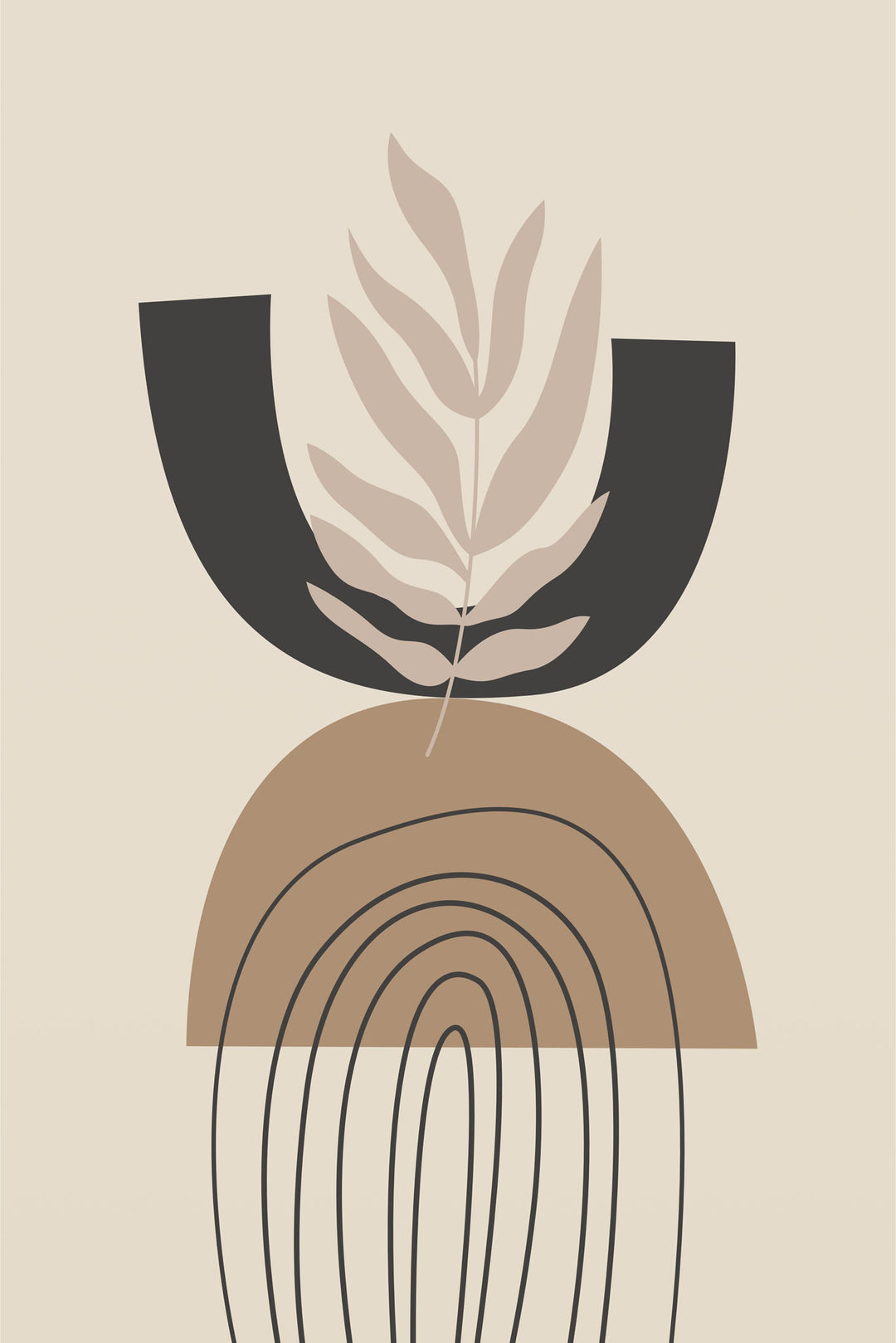 Wadi Home abstract botanical arch wall art with earthy tones and minimalist design. Features a beige background with black, brown, and tan abstract shapes and a leaf motif.