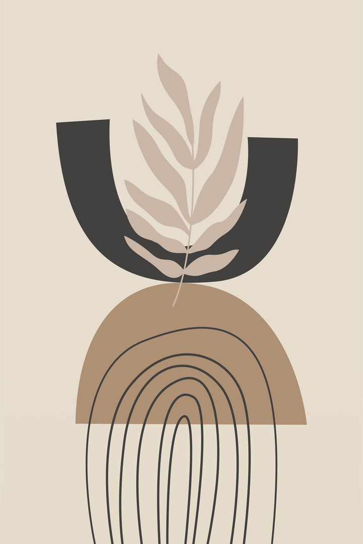 Wadi Home abstract botanical arch wall art with earthy tones and minimalist design. Features a beige background with black, brown, and tan abstract shapes and a leaf motif.