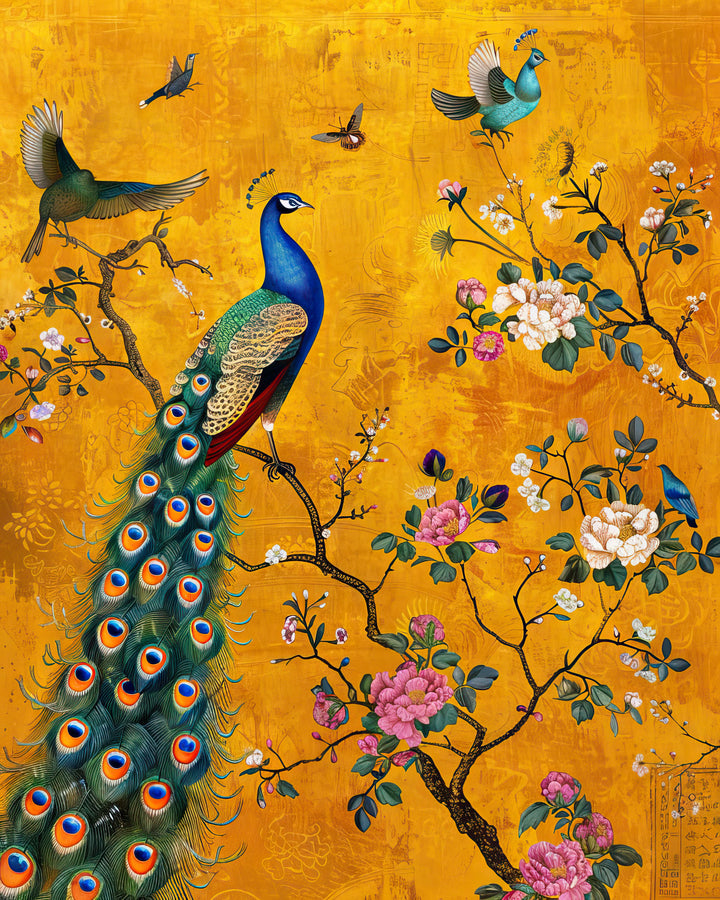 Wadi Home peacock and birds on a branch wall art with golden background and pink flowers.
