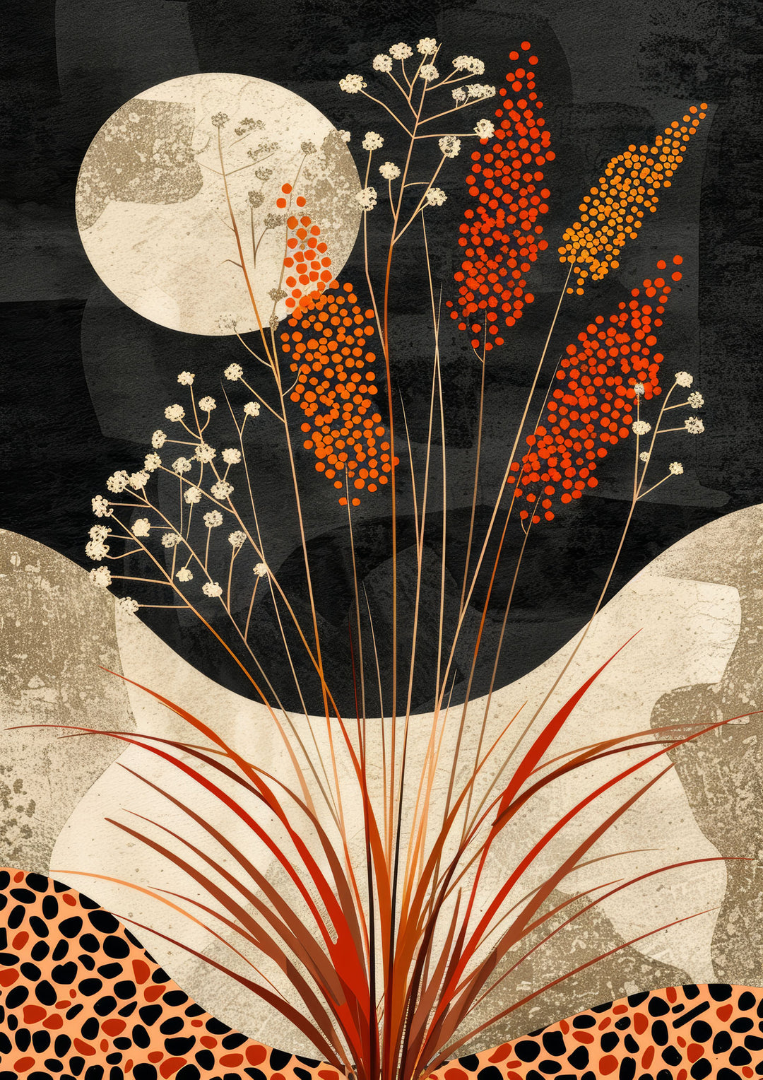 Wadi Home Abstract Botanical Moonscape Wall Art with orange and cream floral elements on black background.