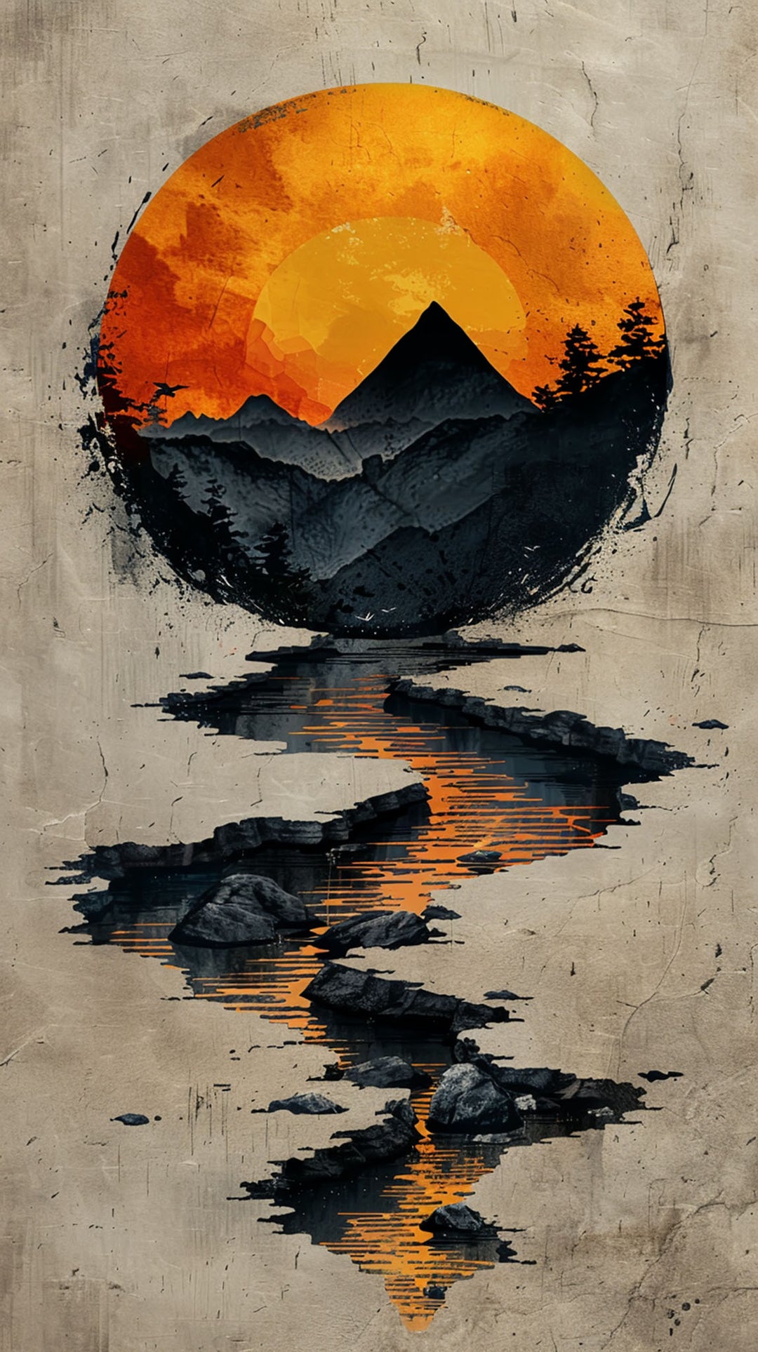Wadi Home abstract mountain sunset reflection wall art with orange sun, dark mountains, and water reflection.