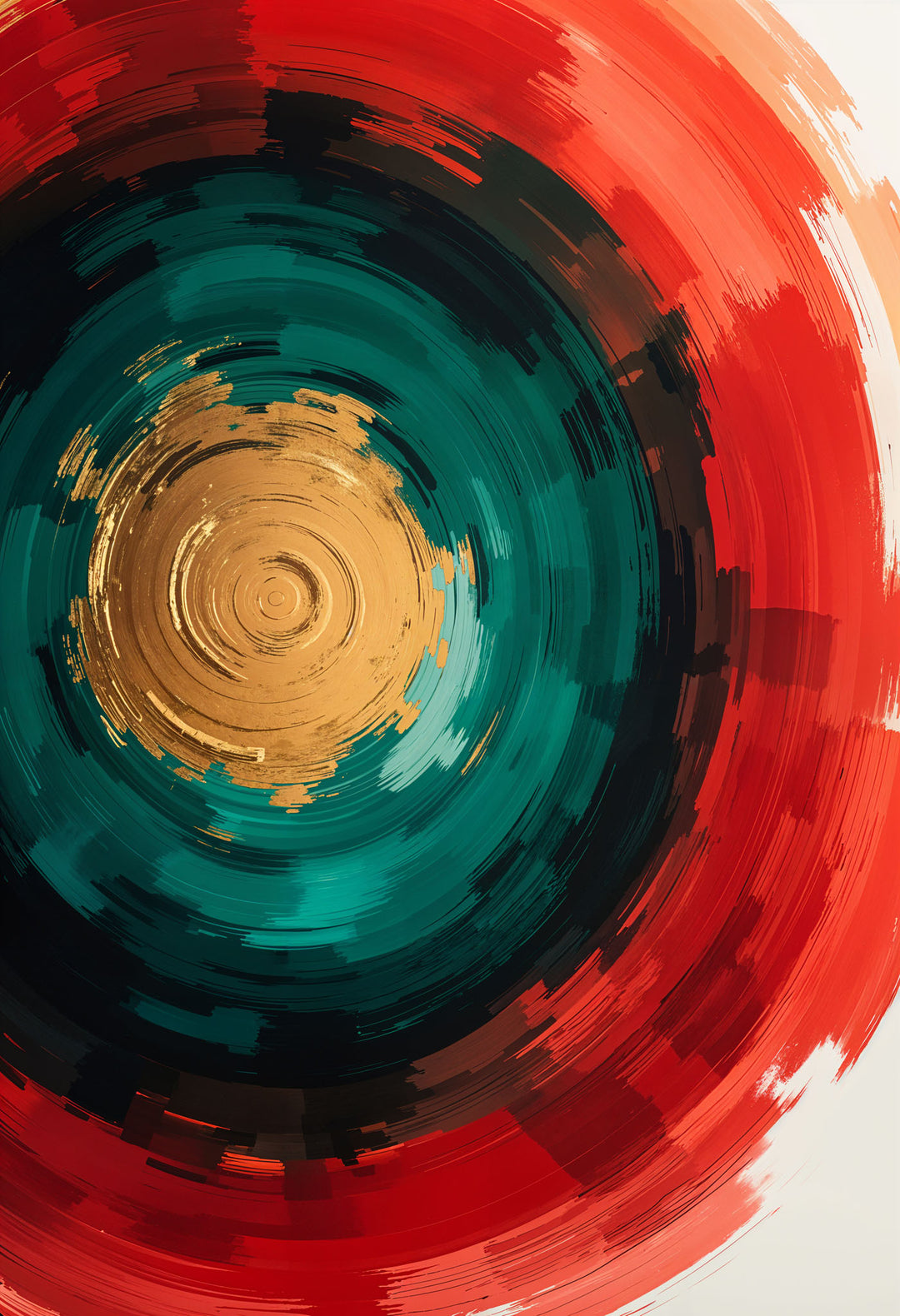Wadi Home abstract circular wall art with red, teal, and gold concentric swirls and textured brushstrokes.
