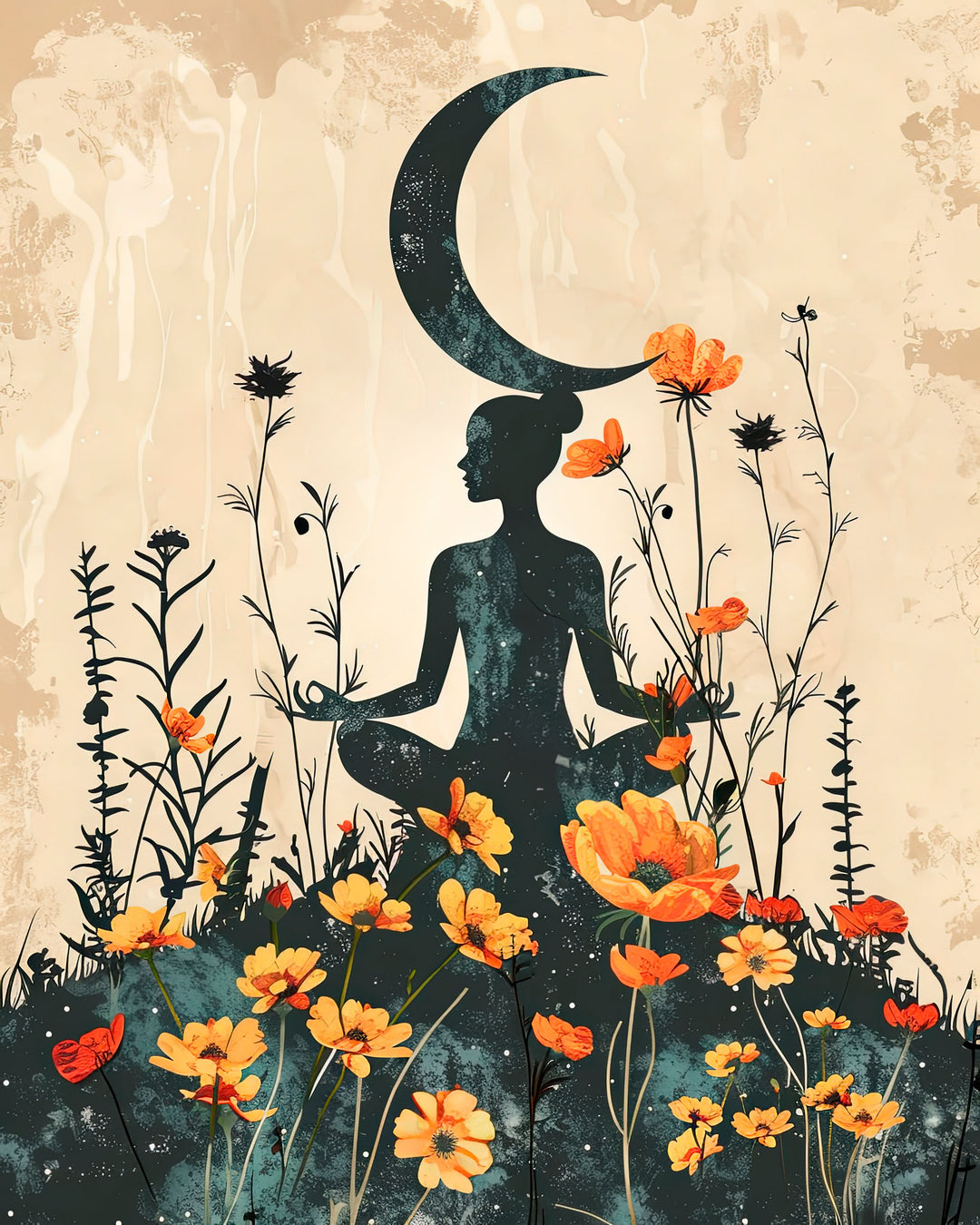 Wadi Home meditating woman silhouette under crescent moon, surrounded by orange wildflowers and butterflies. Bohemian art.