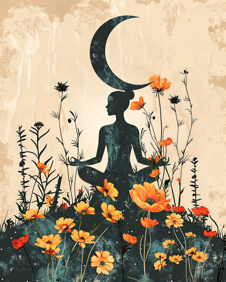 Wadi Home meditating woman silhouette under crescent moon, surrounded by orange wildflowers and butterflies. Bohemian art.