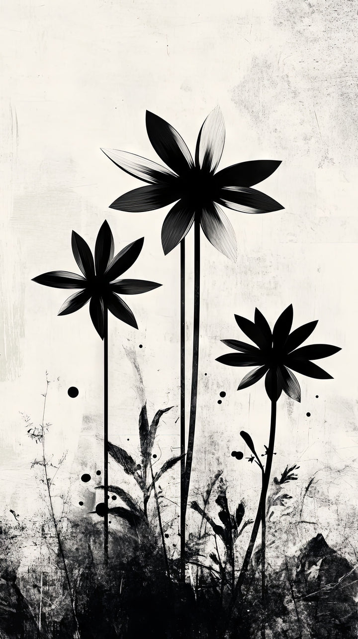 Wadi Home abstract black floral silhouette wall art on textured neutral background, modern minimalist design.