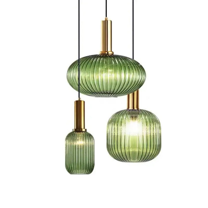 Modern Brass and Ribbed Glass Pendant Light Trio