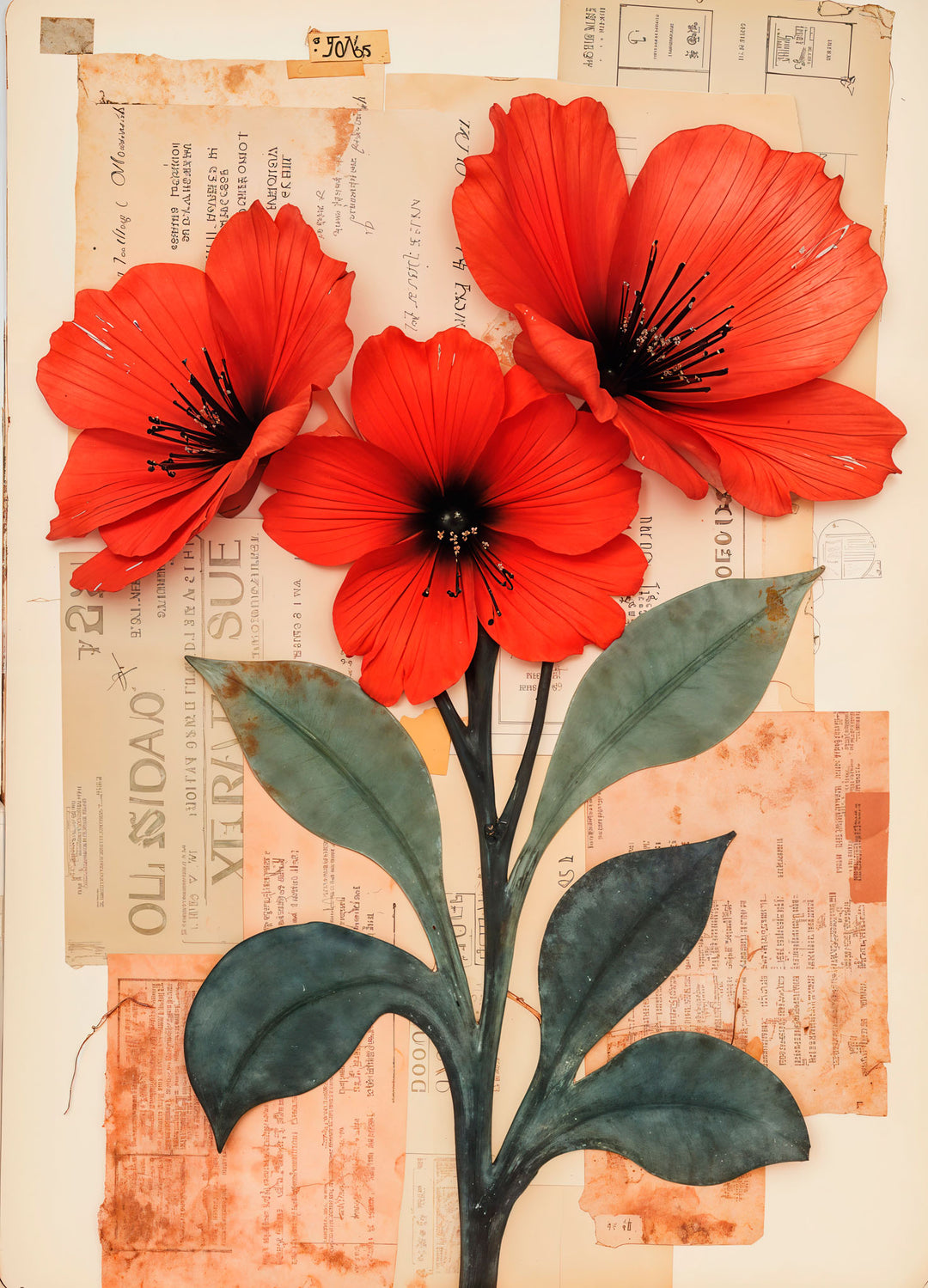 Wadi Home floral collage wall art featuring vibrant red poppies on vintage script background. Botanical elegance for any room.